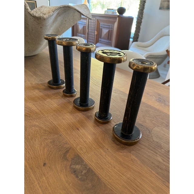 Set of Five Vintage, Brass Bound and Black Wood Bobbins For Sale In New York - Image 6 of 11