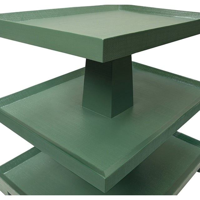 Contemporary Matthew Izzo Home - Tatiana Textured Green Linen Tapered Three Tier Side Table With Column Center Top 20” X 14” For Sale - Image 3 of 4