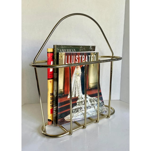 Metal Vintage Postmodern Gold Brass Oval Magazine Rack For Sale - Image 7 of 8