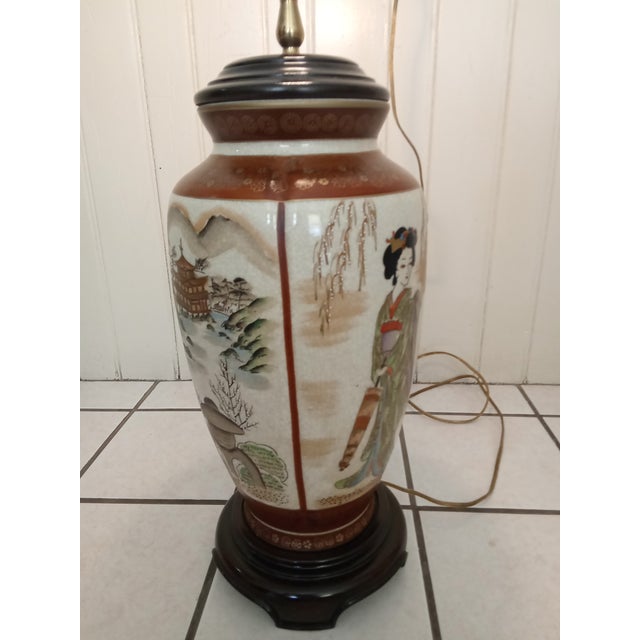 1930s Asian Ceramic + Wood Satsuma Crackle Glaze Hand Painted 32" Lamp For Sale - Image 4 of 15