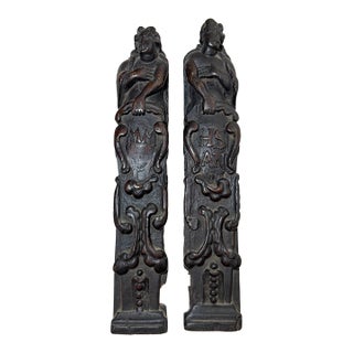 Pair Antique 1700's Hand Carved Wood Architectural Salvage Lady Sculpture Statue For Sale