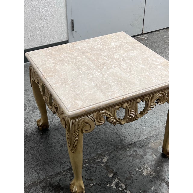 Schnadig Fine Furniture French Provincial Carved Wood + Marble Side Table For Sale In San Francisco - Image 6 of 12