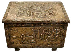 Embossed Brass Log Box with Country Scenes, 1940s