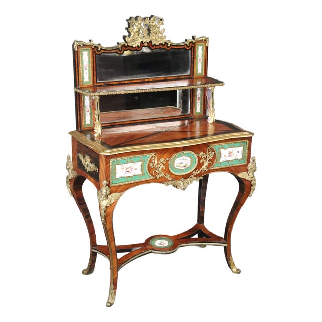 Antique 19th Century French Louis XV Bronze Mounted Vanity – Mahogany Desk With Sevres Style Porcelain Plaques For Sale
