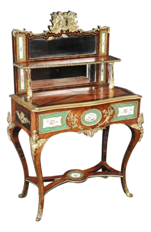 Antique 19th Century French Louis XV Bronze Mounted Vanity – Mahogany Desk With Sevres Style Porcelain Plaques