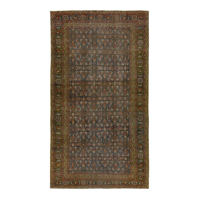 Antique Persian Malyer Floral Wool Rug Handmade in Blue For Sale