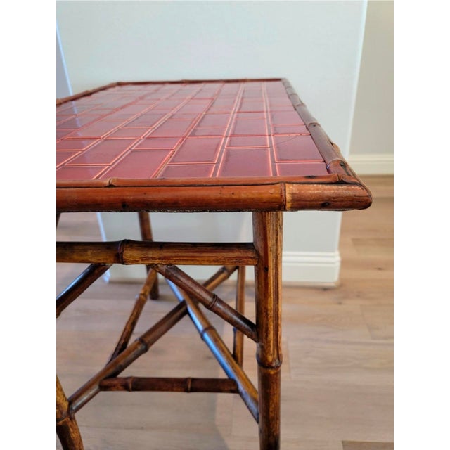 19th Century Victorian Era Chinoiserie Japonism Bamboo Burgundy Red Ceramic Tiled Tray Table For Sale - Image 9 of 17