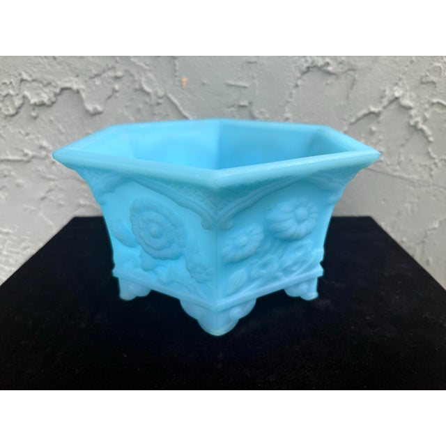 Shabby Chic Vintage Fenton Blue Satin Glass Footed Jardiniere Cachepot Planter For Sale - Image 3 of 8