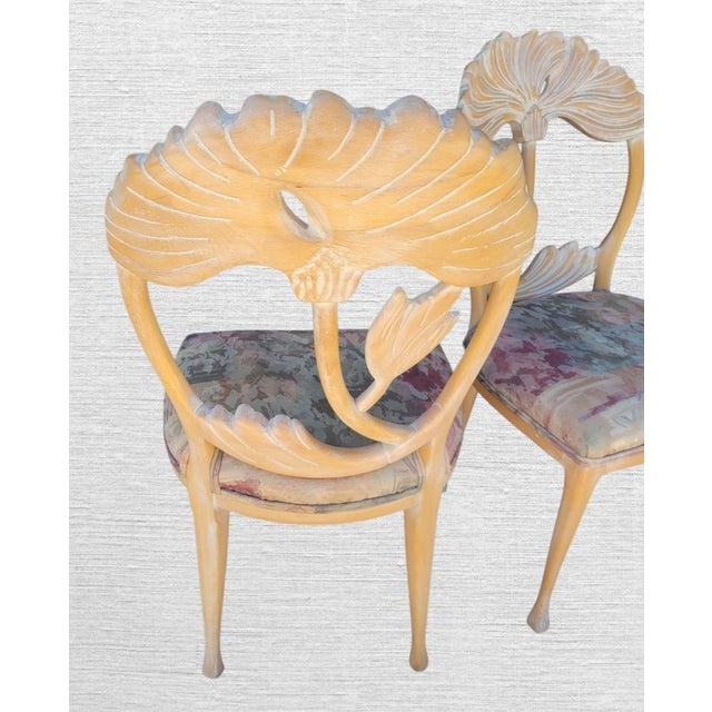 Wood Phyllis Morris Style Vintage Lime Wash Lotus Ginkgo Flower Wood Carved Dining Room Chairs- A Pair For Sale - Image 7 of 8