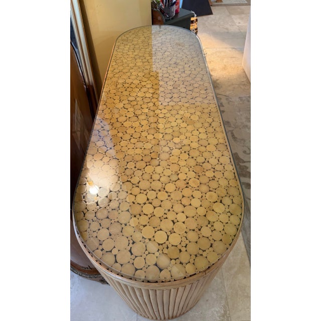 Mid-Century Modern Pencil Reed Rattan Oval Demilune Credenza For Sale In West Palm - Image 6 of 8