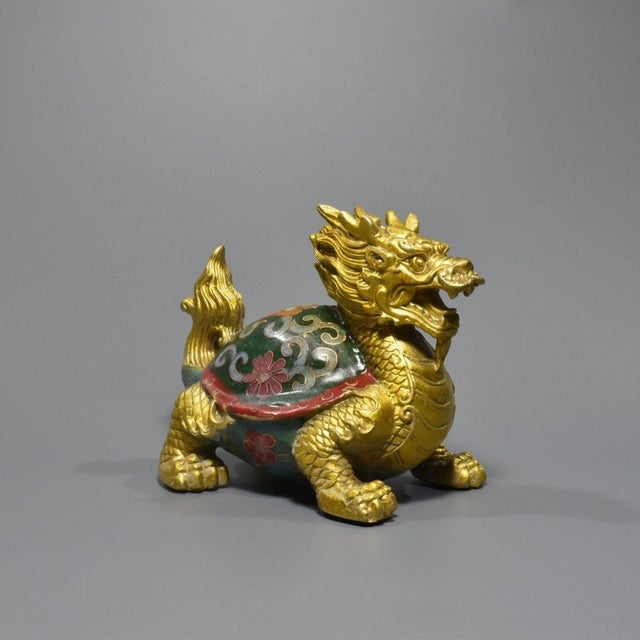 Late 20th Century Gilt Bronze Cloisonné Enamel Dragon-Turtle Figure For Sale - Image 5 of 9