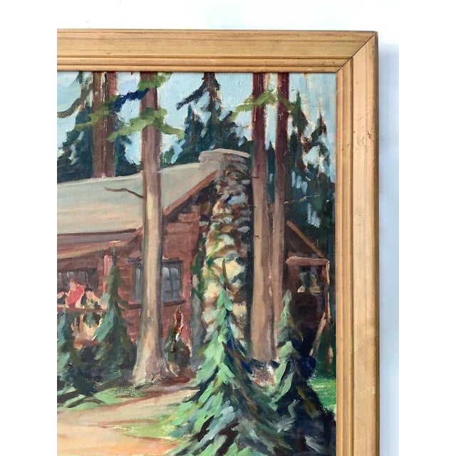 Cabin Circa 1940s Cabin in Woods Oil Painting For Sale - Image 3 of 6