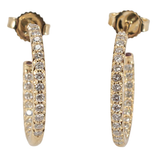 18k Yellow Gold 0.63ctw Pave Diamond and Ruby Open Hoop Earrings, A Pair For Sale