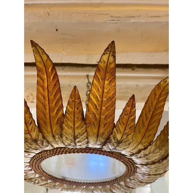 Large Spanish Sunburst Flush Mount in Gilt Metal with Support, 1950 For Sale - Image 11 of 12