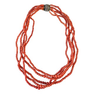 Vintage Coral Multi Strand Beaded Necklace With Sterling Silver Clasp For Sale