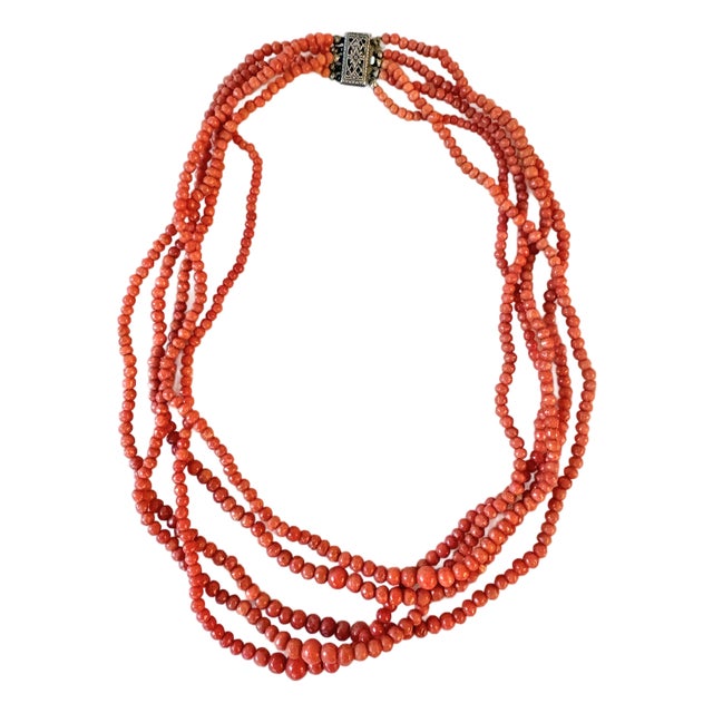 Vintage Coral Multi Strand Beaded Necklace With Sterling Silver Clasp For Sale