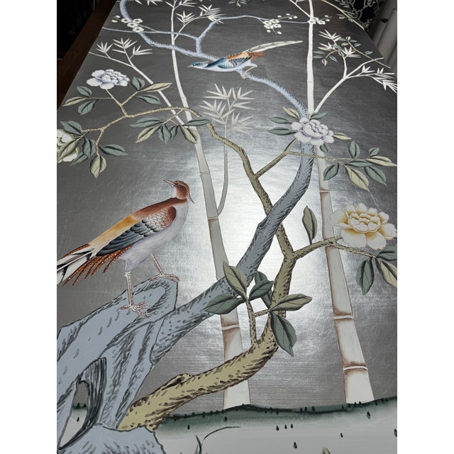Hand-Painted Silver Leaf Chinoiserie Wallpaper | Birds, Blossoms & Bamboo Bring the quiet elegance of a traditional...