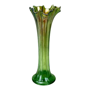 Mid-Century Green Iridescent Carnival Art Glass Swung Vase