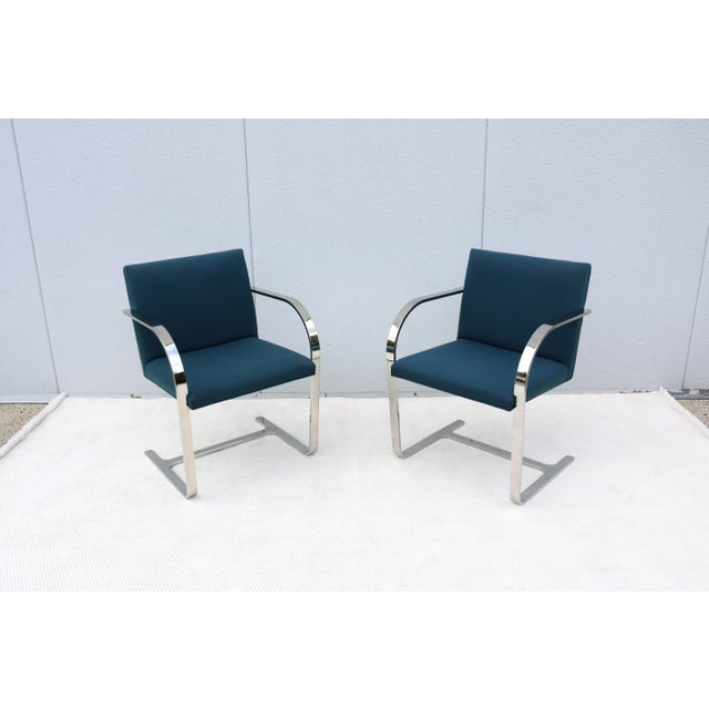 Gordon International Ludwig Mies Van Der Rohe Brno Flat Bar Chairs in Blue Fabric by Gordon, a Pair For Sale - Image 4 of 18