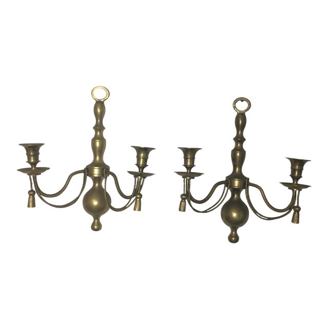 Hollywood Regency Brass Candle Holder Wall Sconces, a Pair For Sale