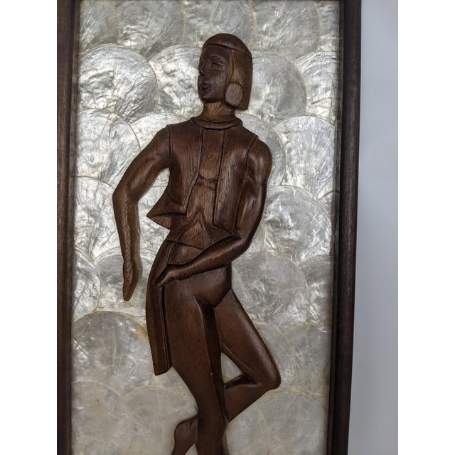 Pair Mid-Century Modern Hand-Carved Wood Figural Relief Wall Panels on Shimmering Capiz Shell Grounds For Sale - Image 14 of 18