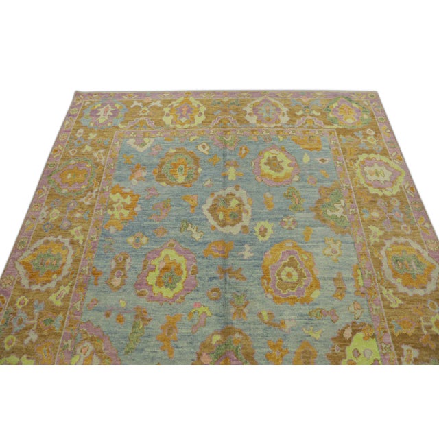 Modern Early 21st Century Blue & Pink Handwoven Wool Turkish Oushak Rug 6'9" X 8'4" For Sale - Image 3 of 6