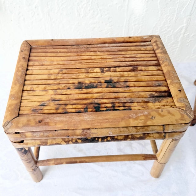 Brown Burnt Tortoise Shell Finished Bamboo Accent Tables - Set of 2 For Sale - Image 8 of 9