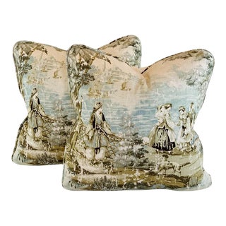 Covington 5th Avenue Designs Aqua Brown Cream Tan Bosporus Chinoiserie French Country Tropical Toile 18" Pillow Covers- Pair For Sale