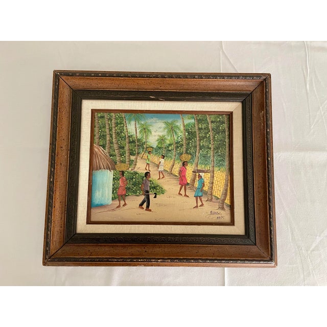Folk Art 1980s Vintage Oil on Canvas Haitian Painting, Framed For Sale - Image 3 of 7