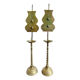 Pair of Antique Korean Brass Candlesticks with Reflector Shields For Sale