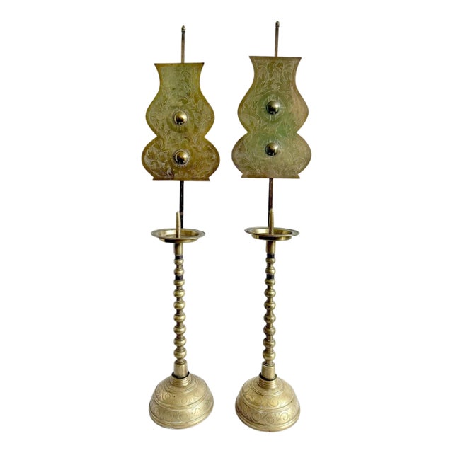 Pair of Antique Korean Brass Candlesticks with Reflector Shields For Sale
