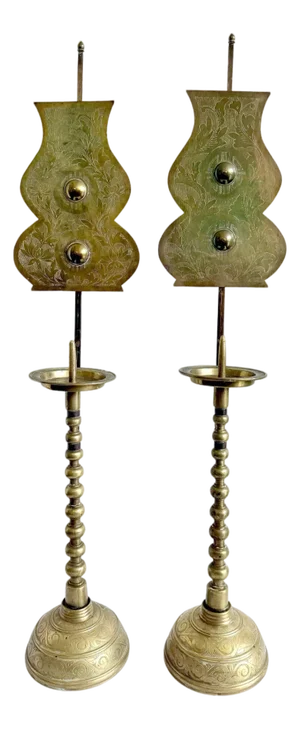 Pair of Antique Korean Brass Candlesticks with Reflector Shields