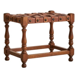 Spanish Oak + Woven Cognac Leather Stool, 1950s - 2 Available For Sale