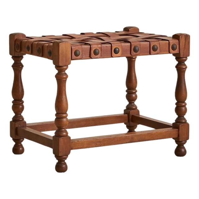 Spanish Oak + Woven Cognac Leather Stool, 1950s - 2 Available For Sale