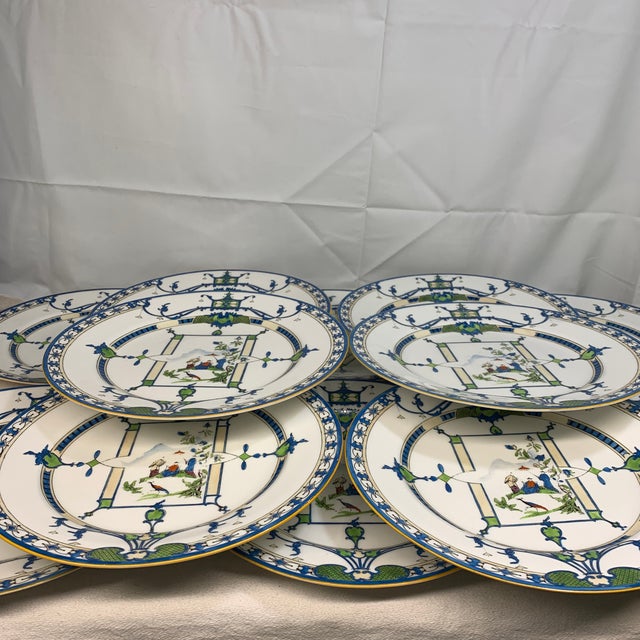 Chinoiserie Vintage Royal Worcester Chinoiserie Blue & Green Plate Set - Set of 12 For Sale - Image 3 of 7