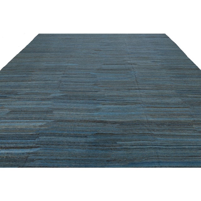 Gray Modern Minimalist Slate Blue Handmade Kilim Wool Rug 12x18 For Sale - Image 8 of 12