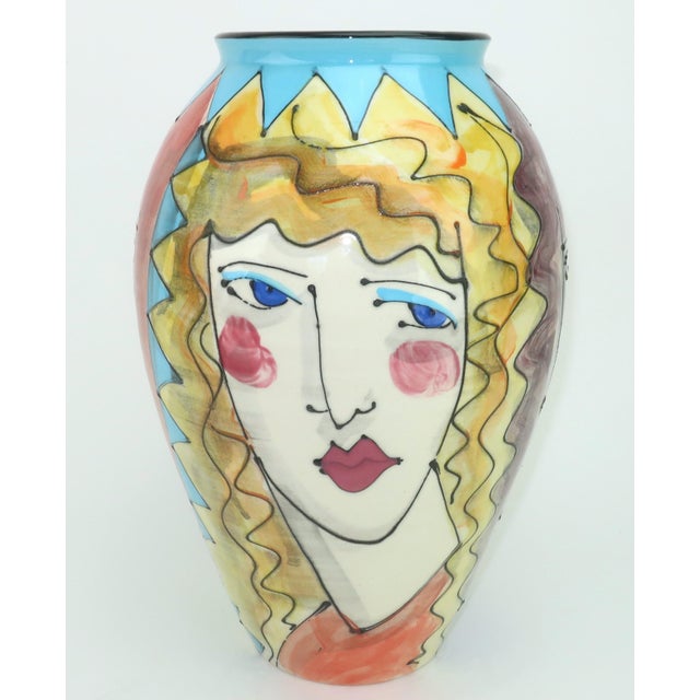 Mid-Century Modern Denise Ford Portrait Decorated Ceramic Faces Vase, 1980's For Sale - Image 3 of 13