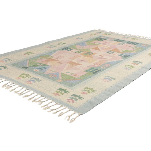 78819 Vintage Swedish Pictorial Rollakan Rug, 04'07 x 06'09. Handwoven wool vintage Swedish Rollakan pictorial rugs are...