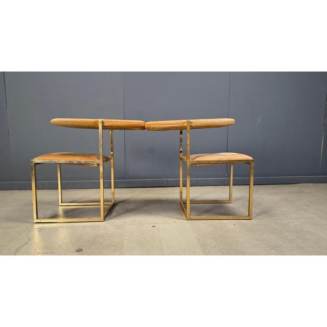 Set of 6 brass high back dining chairs by Belgocrhom with a brown alcantara upholstery. These chairs bring up the...