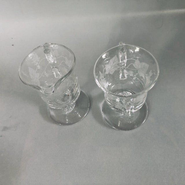 Vintage Glass Grape Vine Etched Creamer & Sugar For Sale - Image 4 of 5