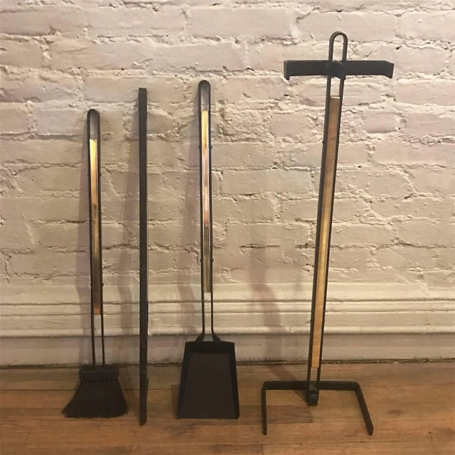 1960s Mid-Century Modern Wrought Iron and Brass Fireplace Tools- 3 Pieces For Sale - Image 5 of 8
