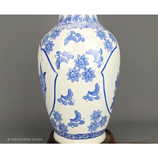 Vintage Blue and White Chinoiserie Porcelain Vase Lamp With Birds Flowers and Butterflies For Sale - Image 10 of 12