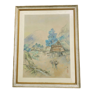 Asian Old Water Color Landscape Painting on Silk Framed 22.5" H