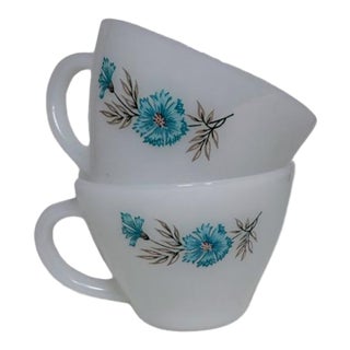Vintage Mid-Century Fire King Milk Glass Teacups Blue Cornflower Anniversary Pattern - Set of 2 For Sale