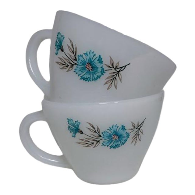Vintage Mid-Century Fire King Milk Glass Teacups Blue Cornflower Anniversary Pattern - Set of 2 For Sale