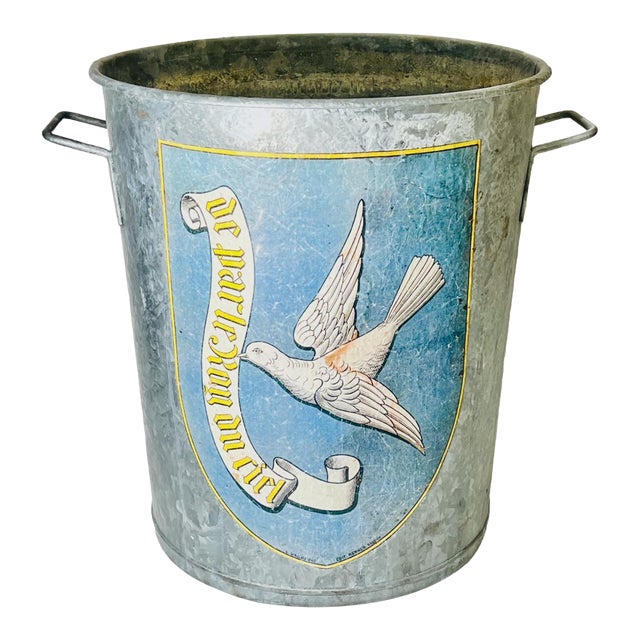 Vintage French Flying Dove Banner Galvanized Zinc Bucket For Sale