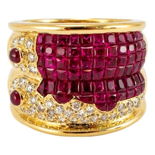 Vintage 18k Yellow Gold 4.16ctw Invisible Set Ruby Diamond Mystery Band Ring, Size 7.75 For Sale