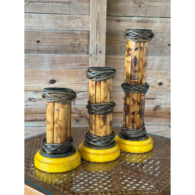 Wood Set of Three Vintage Scorched Bamboo and Rattan Wrapped Candlesticks For Sale - Image 7 of 12
