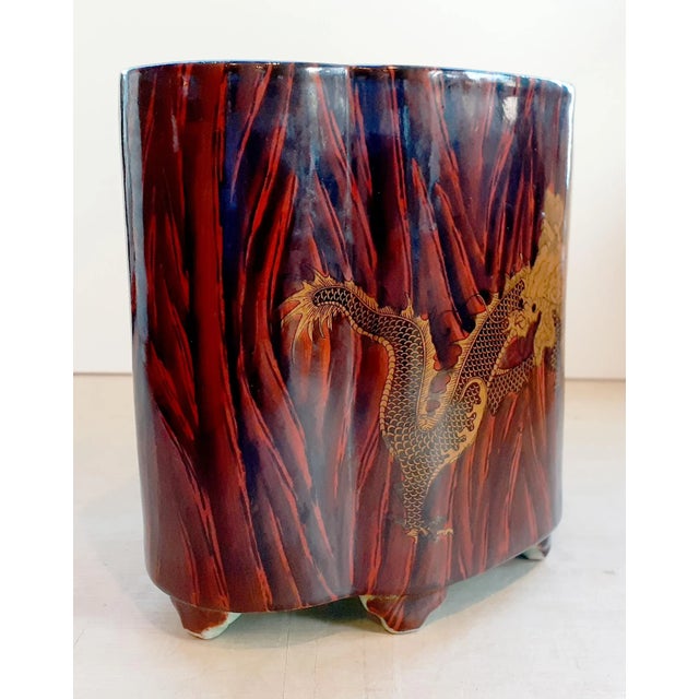 Chinese Vintage Chinese Porcelain Faux Bois Gilt Dragon Brush Pot For Sale - Image 3 of 9