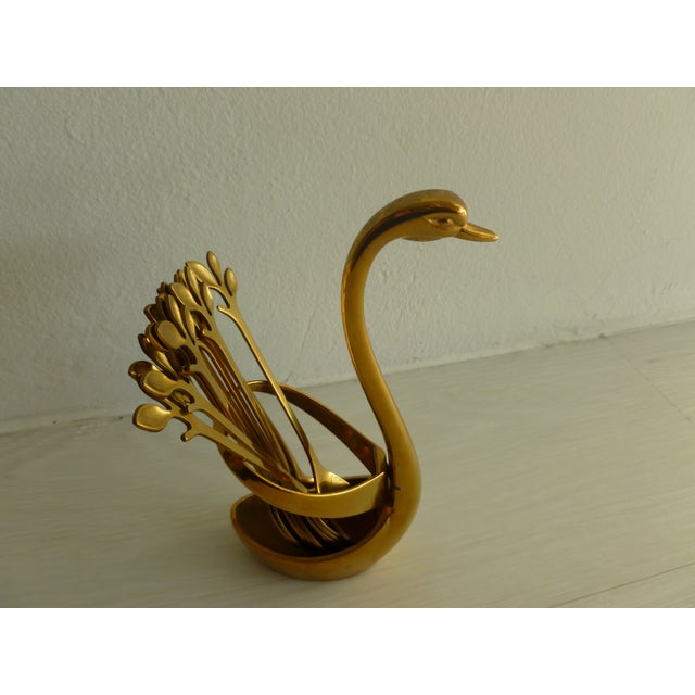 Modern Vintage 1970's Brass Plated Metal Swan Vessel Bowl With !0 Serving Spoons For Sale - Image 3 of 17